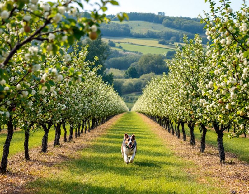 Chien qui court entre les rangs d'un verger en fleurs de la vallée de la Durance