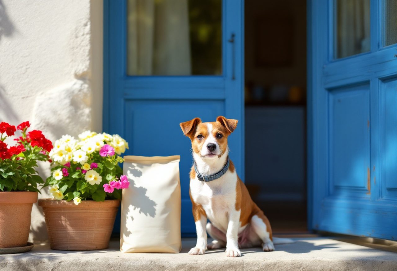 Jack russell assis devant la porte bleue d'une maison de village, un sac de croquettes à côté