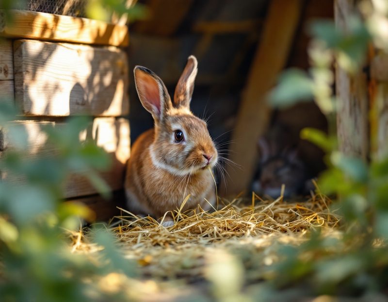 Lapin qui mange du foin dans un clapier en bois, à l'ombre d'un jardin